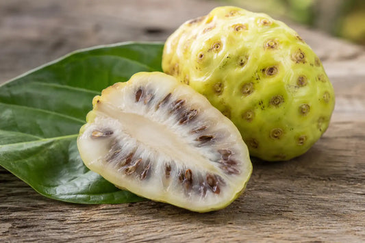 Ripe noni fruit sliced open showing the natural pulp behind PhilNONI's signature aroma and flavor