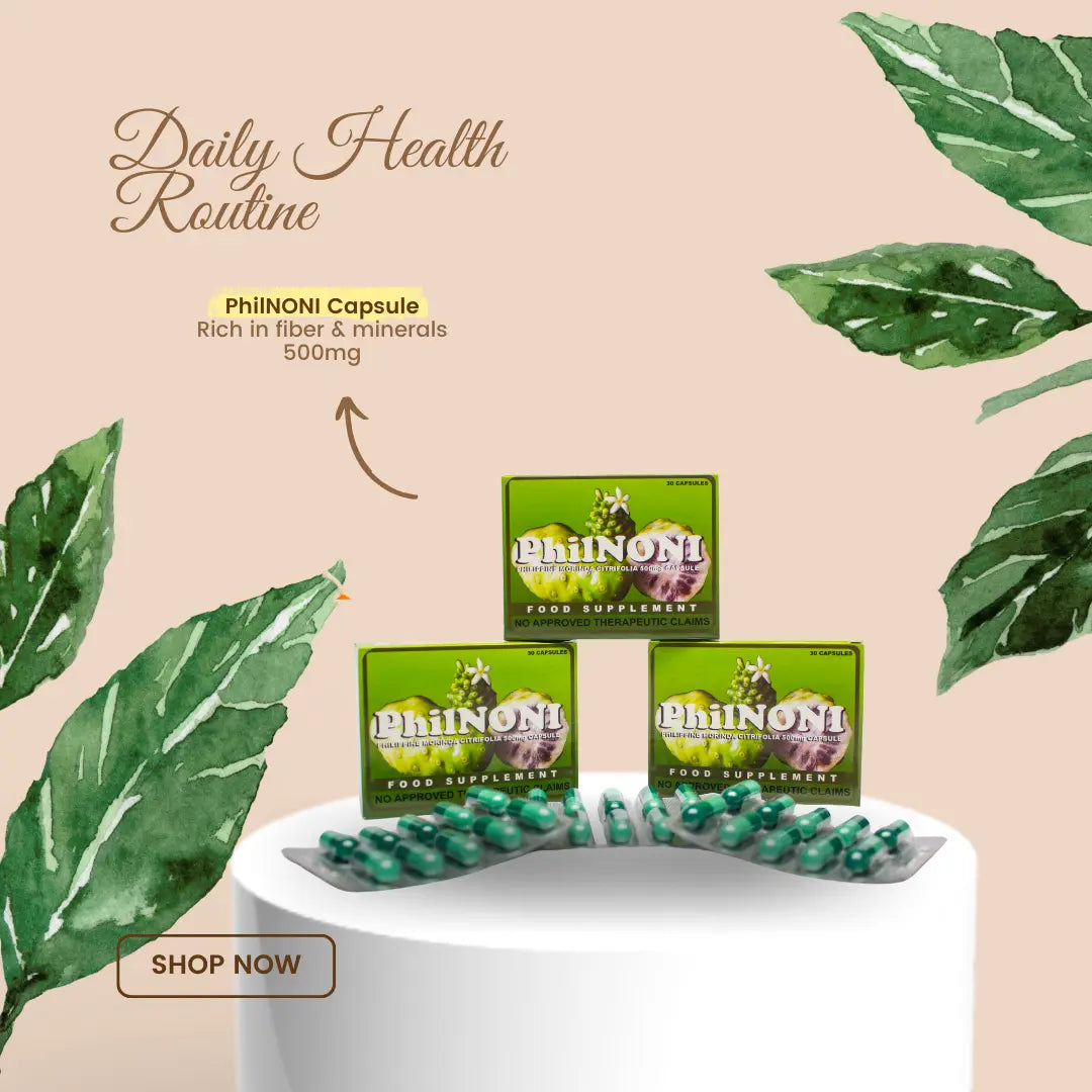 PhilNONI 500mg noni capsules, 30-capsule box — the product tested in this phytochemical study