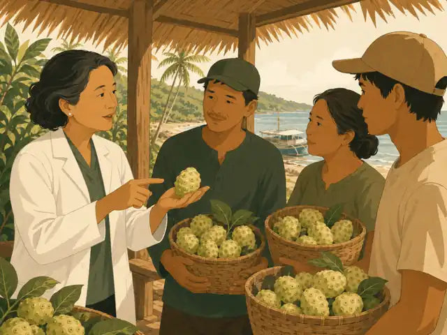 Illustration of a scientist teaching coastal farmers how to    select and handle noni fruit before delivery