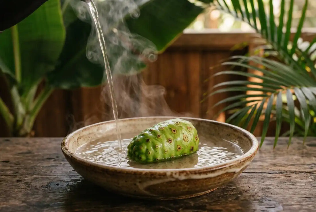 Noni fruit in a basin with hot water being poured over it during blanching, part of PhilNONI’s noni juice process