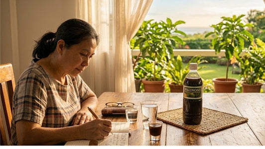 Person writing in a personal wellness journal beside a glass of PhilNONI noni juice in warm morning light